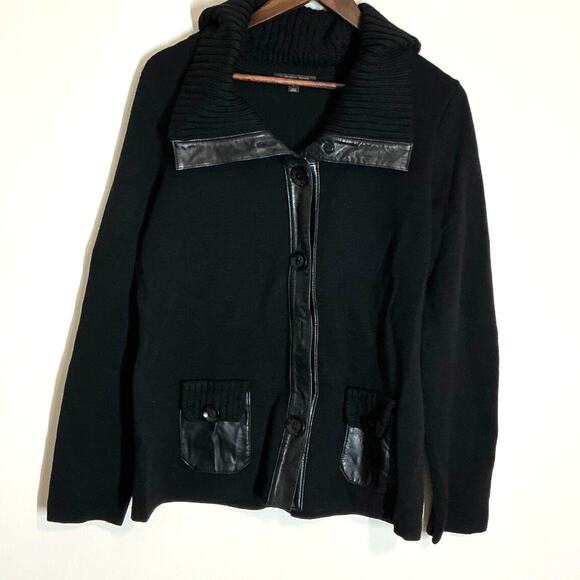 Classiques Entier L Black 100% Merino Wool Real Leather Cardigan Sweater - Picture 1 of 5